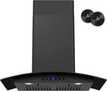 FIREGAS Range Hood 30 inch, 600 CFM Wall Mount Glass Kitchen Hood Ducted/Ductless Convertible with 3-Speed Fan, Screen Control, Time Setting, LED Lights, Black Painted Stainless Steel Vent Hood