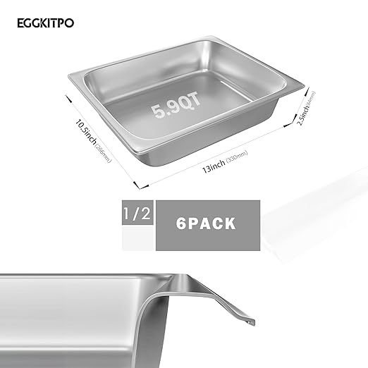 EGGKITPO 6-Pack 1/2 Size Stainless Steel Catering Pan, 2.5 Inch Deep Hotel Pan for Restaurant, Buffet, Party Supplies