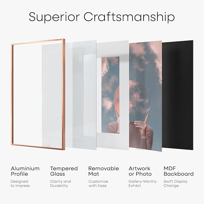 Homeforia 11x14 Picture Frame Rose Gold, High End Metal 11x14 Wall Hanging Frame with Mat 8x10, 11 x 14 Poster Frame Matted to 8 x 10 inch Photo, 11by14 Thin Frames, Tempered Glass, Wall Kit, Set of 2