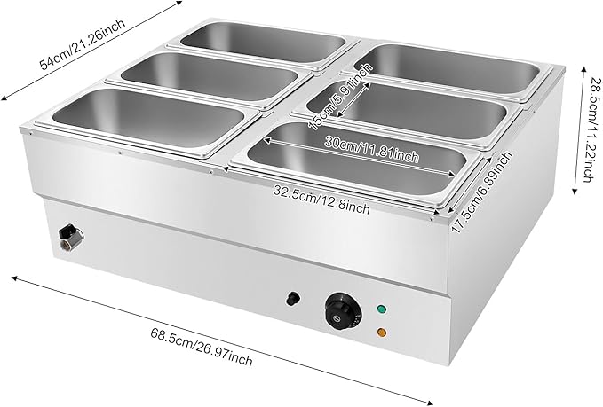 6-Pan Commercial Food Warmer 6.7L/1.77Gal Countertop Electric Steam Table 1500W Electric Food Warmer 86-230℉ Temp Control for Catering and Restaurant 26.97 x 21.26 x 11.22in