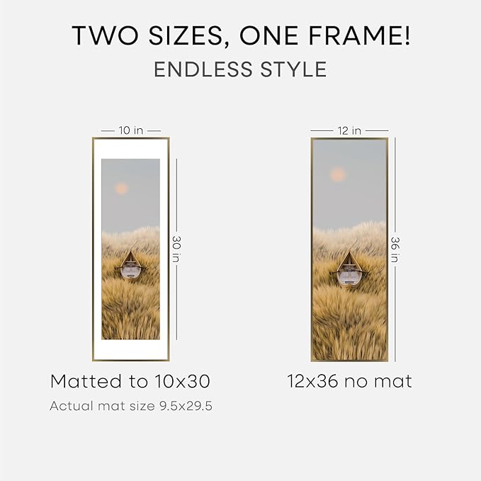 Homeforia 12x36 Picture Frame Bronze, High End Metal 12by36 Brass Poster Frames with Mat 10x30 Photo, 12 x 36 Panoramic Frames Matted to 10 by 30 Art, 36by12 Frames, Tempered Glass, Wall Kit, Set of 1