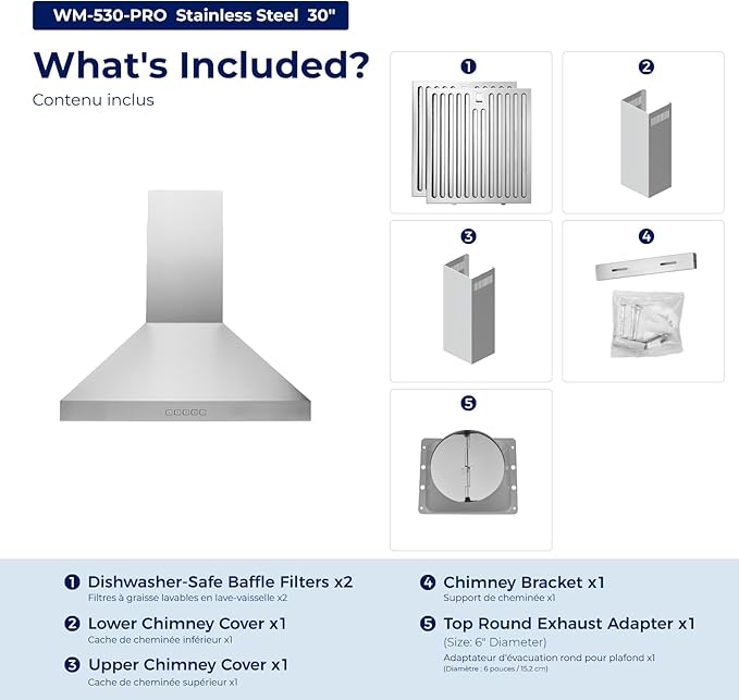 Hauslane Wall Mount Range Hood 30 Inch, Pro Model, Stainless Steel Range Hood, Strong Suction, Changeable LED Lamps, 6” Duct or Ductless, Kitchen Hood Vent, Stove Hood Vent