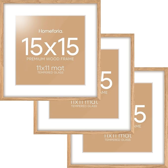Homeforia 15x15 Picture Frame Natural Wood, High End Oak 15 x 15 Square Light Wooden Frames with Mat 11 by 11 inch Photo, 15by15 Poster Frames Matted to 11x11 Print, Tempered Glass, Wall Kit, Set of 3
