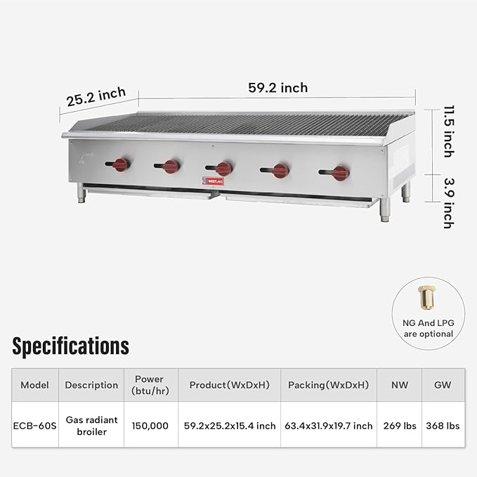 WESTLAKE 60"W Commercial Charbroiler Gas Countertop 5 Burner Natural Gas and Propane 150,000 BTU Char Broiler Stainless Steel BBQ Stove Grill for Restaurants