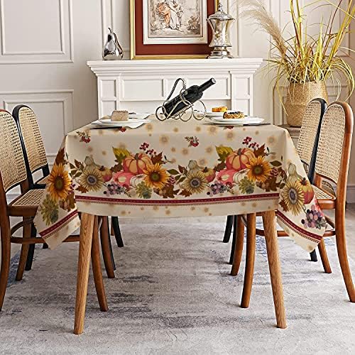 Fall Thanksgiving Double Border Decoration Tablecloth,Sunflower & Pumpkin Harvest Tablecloths, Waterproof Table Cover for Dinner Kitchen Party Holiday Decorations, 60"x 84" Oblong/Rectangle