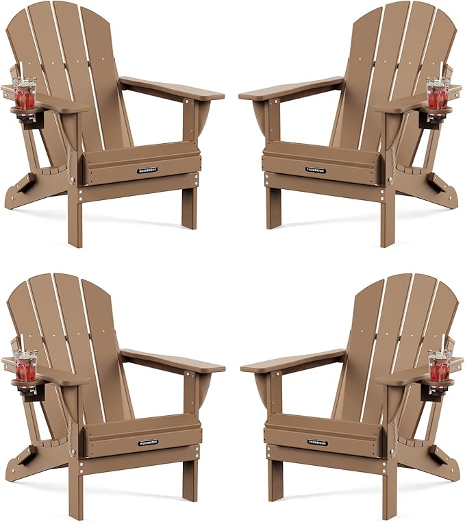 MUCHENGHY Folding Adirondack Chairs 4 Pack, Patio Chairs, Lawn Chairs, Outdoor Chairs, Adirondack Chair Plastic, Fire Pit Chairs, Weather Resistant with Cup Holder for Deck, Backyard, Garden(Teak)