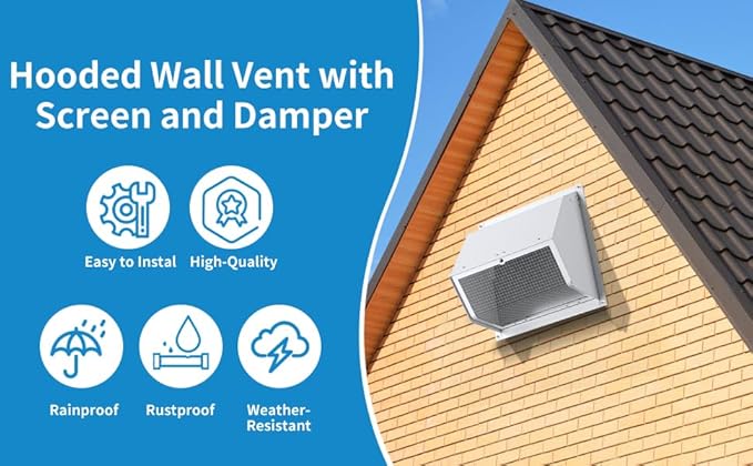 8 Inch Hooded Wall Vent with Screen and Damper,Wall Exhaust Vent Cover Cap,Dryer Vent Cover Outside,External Extractor Wall Vent Hood for House Kitchen Range Hood Air Ventilation White