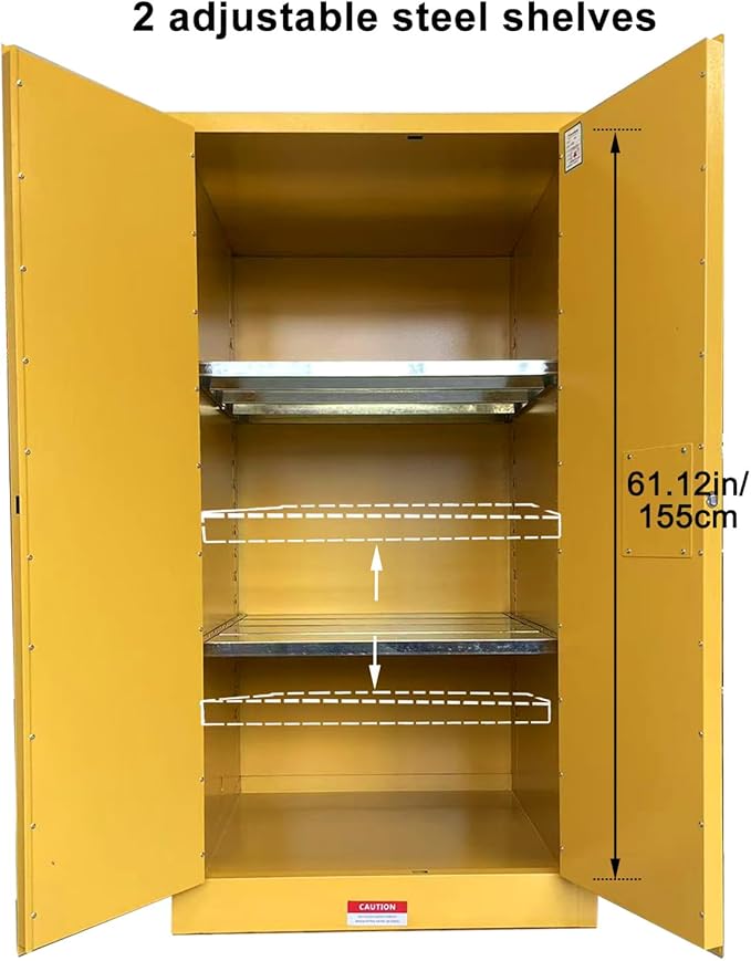 65 Gallon Flammable Storage Cabinet with Adjustable Shelf x2, 65H x 34W x 34D Double-Wall for Flammable Liquids, Thickened Galvanized Steel Fireproof Cabinet, Industrial & Commercial Use, Yellow