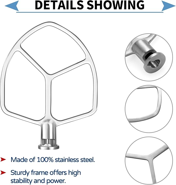 Stainless Steel Paddle Attachment Rust-Resistant Compatible with KitchenAid 5Plus -6QT Mixer, Bowl Lift Stand Mixer Attachment for Quick Kneading of Bread, Pasta, Cookies, Pizza, Etc. Dishwasher Safe