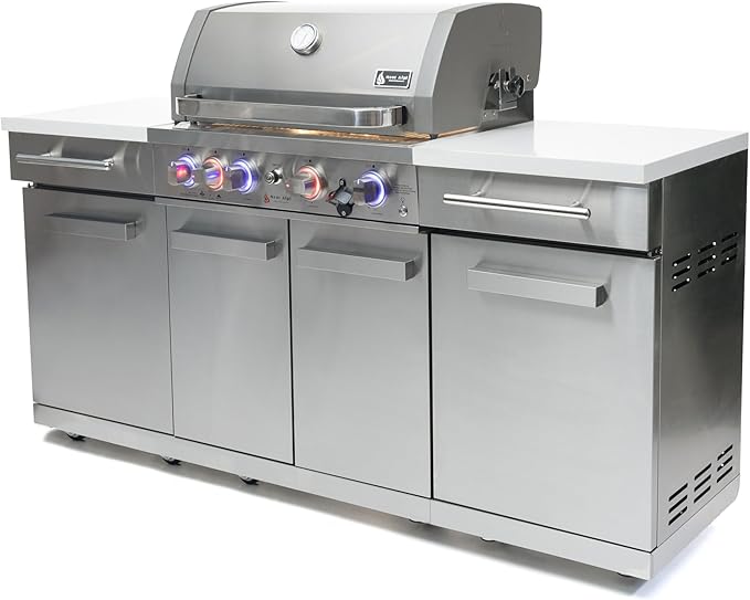 Mont Alpi Premium 70"W x 24"D Stainless Steel Compact Outdoor Kitchen Island with Access Doors + 32"W 4-Burner BBQ Gas Grill with Infrared Rear Burner + Storage Cabinets + White Granite Countertops