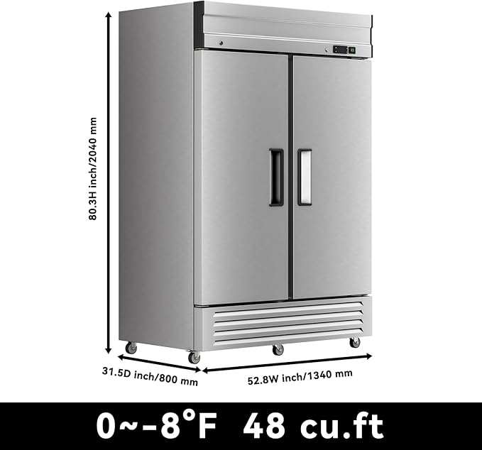 Malphi 54" W Commercial Reach-in Freezer, ETL Upright 2 doors Auto-Defrost，Capacity 48 cu. ft.stainless steel for Restaurant Kitchen Home Bar Shop -8°F