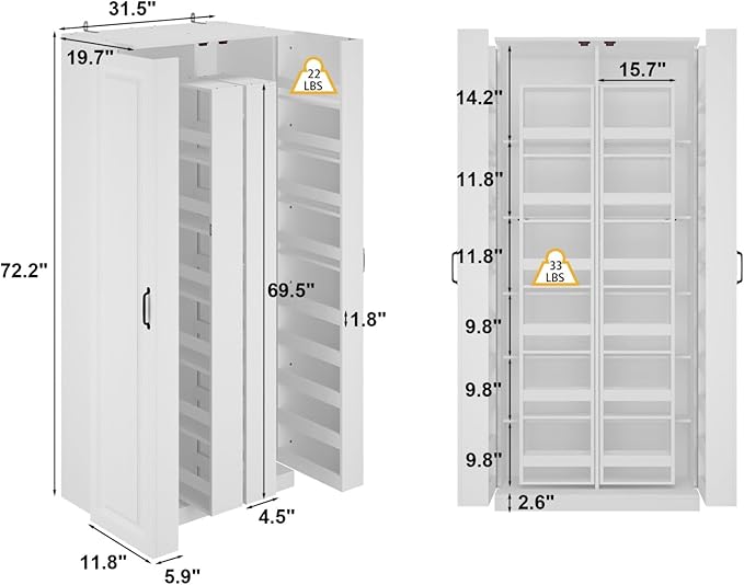 MOUMON Kitchen Pantry Storage Cabinet with Doors and Shelves, Rotating Racks, Tall Pantry Cabinet Cupboard with Door Racks, White, 19.7”D x 31.5”W x 72.2”H