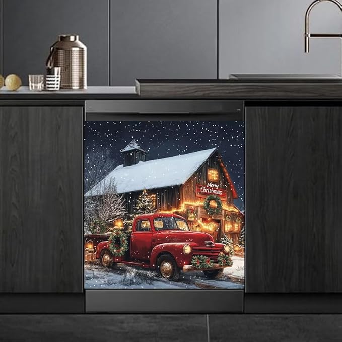 Christmas Red Truck with Barn Scene Magnetic Dishwasher Cover Vinyl Sticker,Vintage Barn Dishwasher Magnet Cover, Xmas Fridge Door Cover Magnets Art Skin Panel Decal for Home Decor, 23"X26"