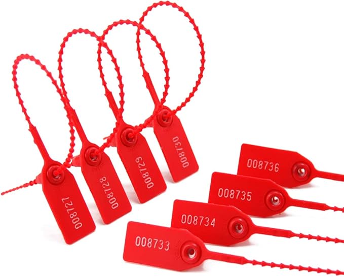 100 Plastic Tamper Seals, Numbered Zip Ties for Fire Extinguisher Pull Tite Security Tags Disposable Self Locking Signage 250mm (Red)