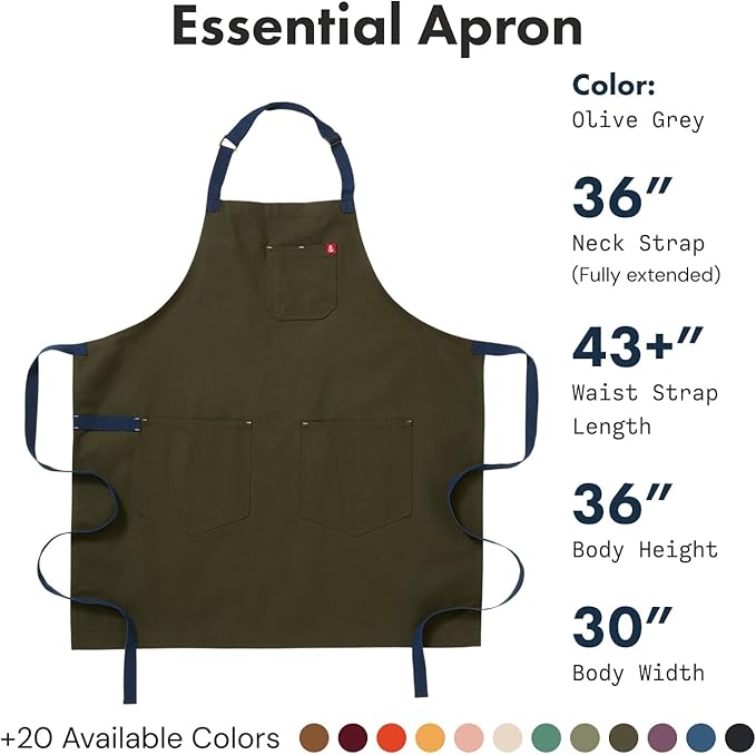 hedley & bennett Essential Apron - Lightweight Cotton Canvas Kitchen Apron with Pockets & Towel Loop - Professional Chef Workwear for Baking & Cooking - Olive