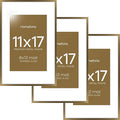 Homeforia 11x17 Bronze Picture Frame, High End Metal 11x17 Brass Poster Frames with Mat 8x12 for Photo, 11 x 17 Frame Matted to 8 by 12 inch Print, 17x11 Thin Frame, Tempered Glass, Wall Kit, Set of 3