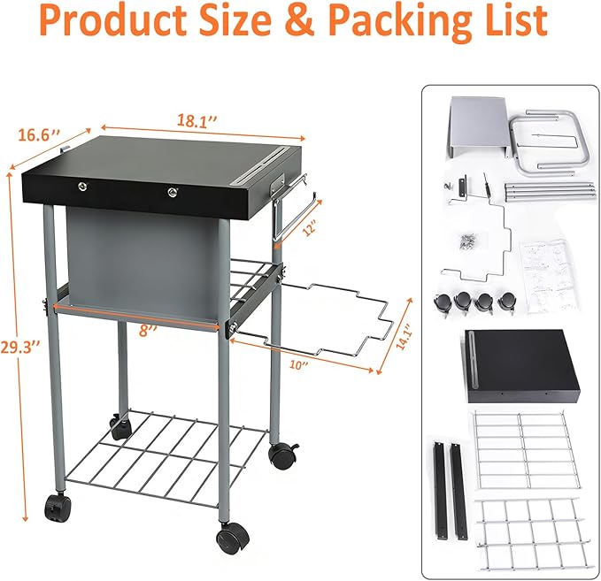 Rolling Grill Side Table Cart for 18"/22" Weber Charcoal Kettle Grills - Outdoor Prep Stand with Wheels, Mesh Storage Racks for Backyard BBQ, Camping, Parties