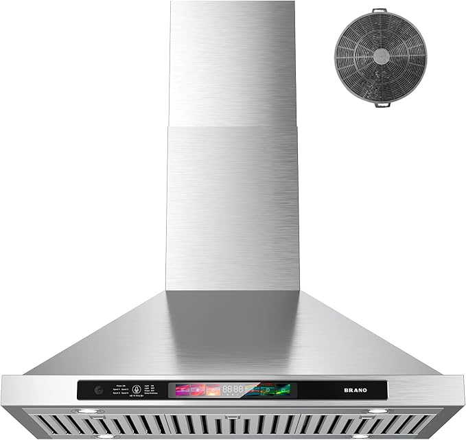 BRANO 36-inch Wall Mount Range Hood 900 CFM with Voice/Gesture/Touch Control, Kitchen Hood Vent with 4 Speed Exhaust Fan, Ducted/Ductless Convertible