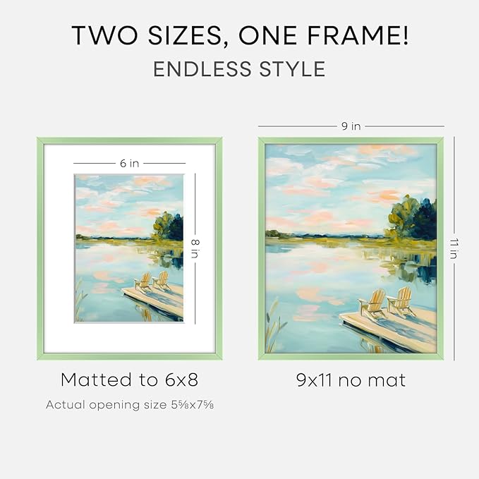 Homeforia 9x11 Sage Green Frame, High End Metal 9 x 11 Picture Frames with Mat 6 by 8 inch Photo, 9by11 Poster Frame Matted to 6x8 Art, 11x9 Wall or Tabletop Frames, Tempered Glass, Wall Kit, Set of 1
