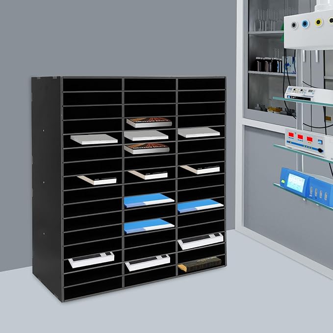 48 Compartments Literature Organizer,16 Layer Mail Sorter Organizer with Adjustable Shelves, File Sorter Mail Center Paper Storage Cabinet for Office Home (Black)