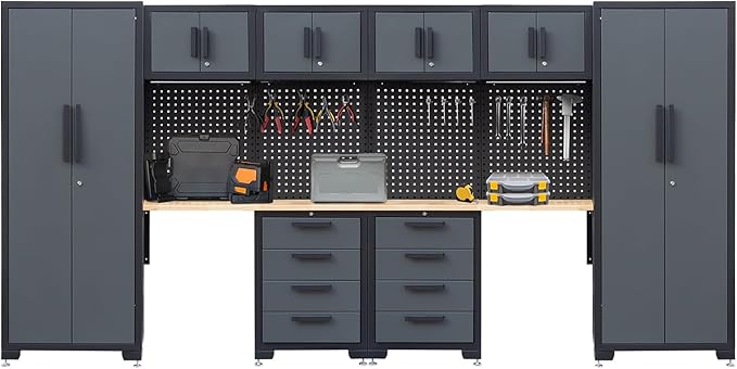 Garage Storage Cabinet System - 2×7-Pc Workshop Set w/Steel Cabinets & Workbench Includes Drawers & Pegboard | Heavy-Duty Tool Organization System for Garage/Workshop Storage