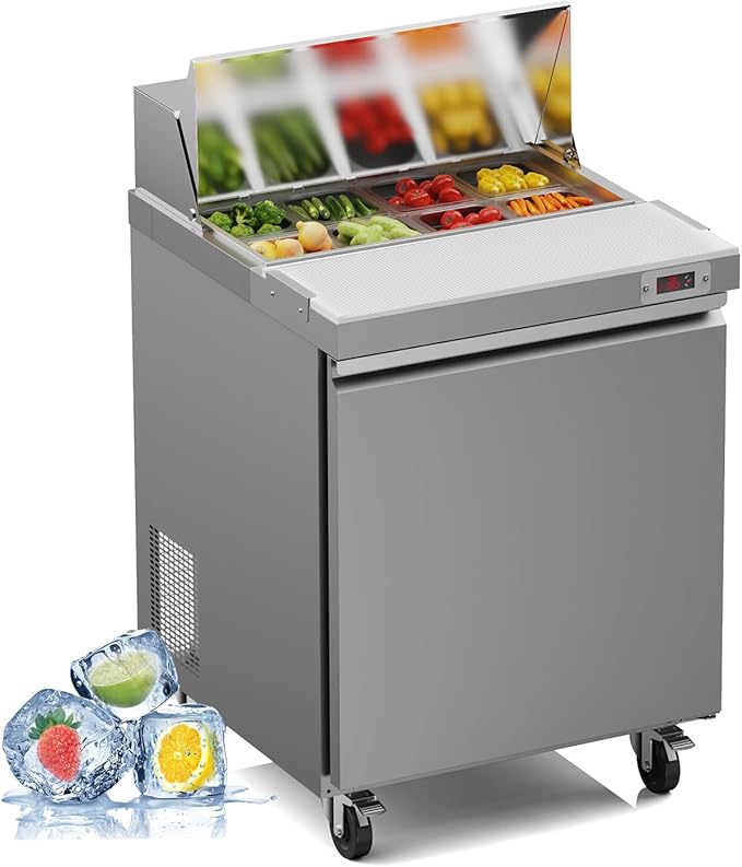 29" Commercial Refrigerator Sandwich&Salad Prep Table Fridge with 8 Pans 1 Door Stainless Steel Counter Fan Cooling Refrigerators
