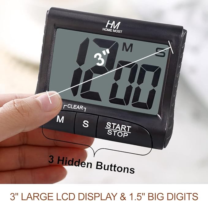 3" Large Display Kitchen Timer - Digital Timer Magnetic Back Loud Alarm On A Rope- Black Cooking Timers For Kitchen Teachers Students Games Kids Meetings -Sports Timers For Workouts Exercise