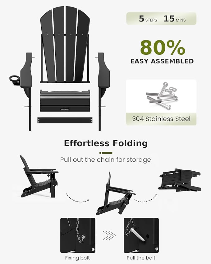 MUCHENGHY Folding Adirondack Chairs 4 Pack, Patio Chairs, Fire Pit Chairs, Outdoor Chairs, Plastic Adirondack Chairs, Lawn Chairs Weather Resistant with Cup Holder for Deck, Backyard, Garden(Black)