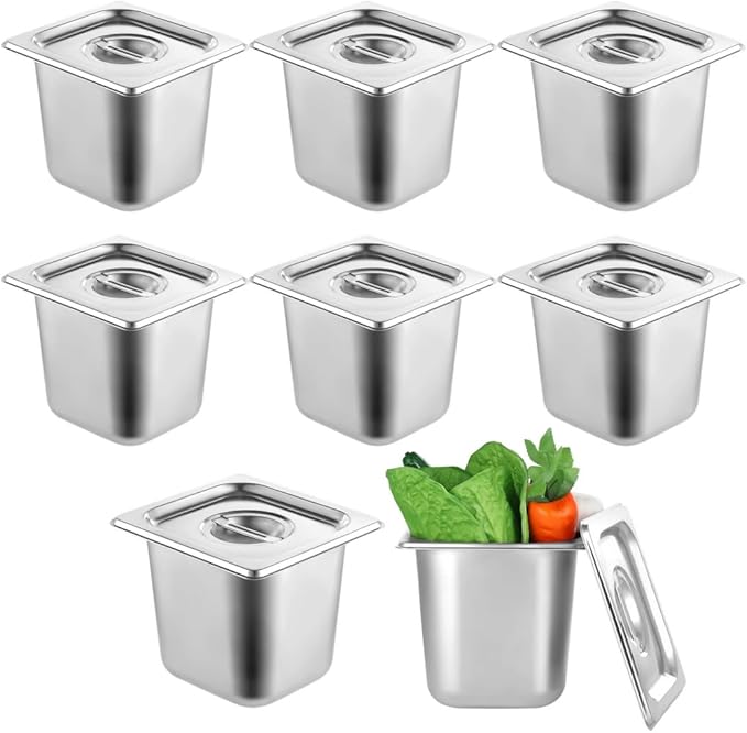 8 Pack Hotel Pans 1/6 Size with Lid, 6 inch Deep Stainless Steel Steam Table Pan, Anti Jam Steam Pan Metal Food Pans for Restaurant Cafeteria Party Catering