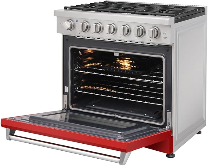 KOSTCH 36 inch Professional Freestanding Pro-Style Natural Gas Range or Liquid Propane Gas Range with 6 Burners, 6.0 cu.ft. Oven Capacity, in Stainless Steel - KOS-36RG03M (Red)