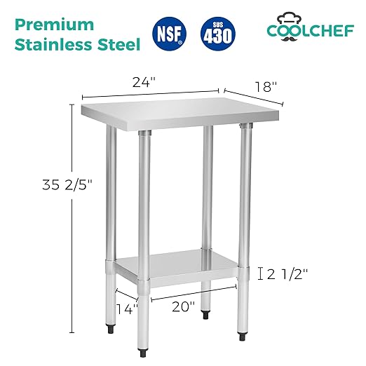 COOLCHEF Stainless Steel Work Table 18 x 24 Inch, NSF Commercial Prep Table with Undershelf, Heavy Duty Food Prep Workstation