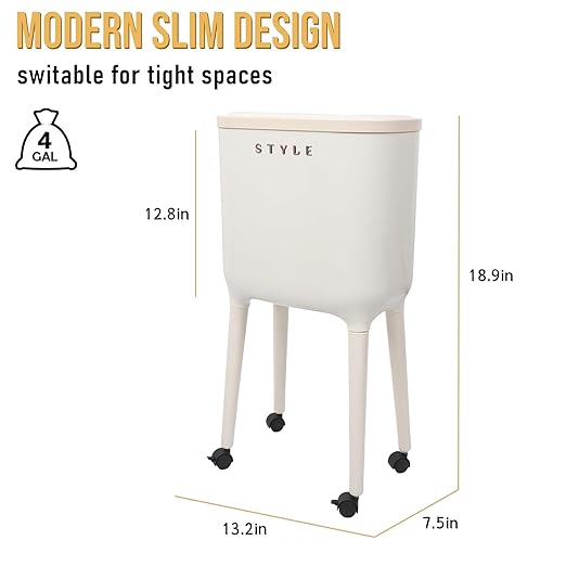 XPIY 4 Gallon Trash Can with Wheels and Lid, Modern Narrow Garbage Can with Raised Legs, Space-Saving Rolling Dog-Proof Trash Bin for Bathroom, Kitchen, Bedroom, Office (1, White-1)