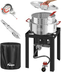 10QT Fish Fryer Pot with Lid | 9inch Fryer Tong | 8QT Basket | 6inch Thermometer | 50,000 BTU Propane Burner | Outdoor Deep Fryer | Ideal for Frying Fish | French Fries | Chicken Wings