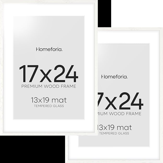 Homeforia 17x24 White Picture Frame, High End Oak 17x24 White Wooden Poster Frames with Mat 13x19 for Print, 17 x 24 Wood Frame Matted to 13 x 19 Photo, 24x17 Frame, Tempered Glass, Wall Kit, Set of 2