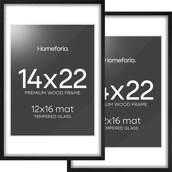 Homeforia 14x22 Frame Black Wood, High End Oak 14x22 Picture Frames with Mat 12x16 Photo, 14 x 22 Wooden Poster Frame Matted to 12 by 16 Print, 22x14 Hanging Frames, Tempered Glass, Wall Kit, Set of 2