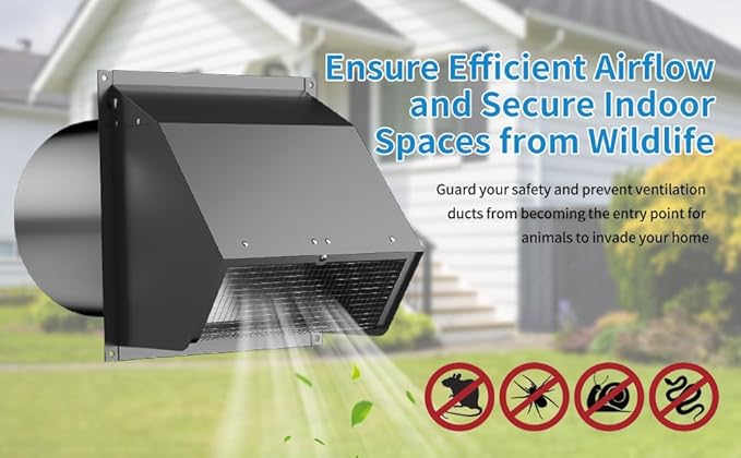 6 Inch Hooded Wall Vent with Screen and Damper,Wall Exhaust Vent Cover Cap,Dryer Vent Cover Outside,External Extractor Wall Vent Hood for House Kitchen Range Hood Air Ventilation Black