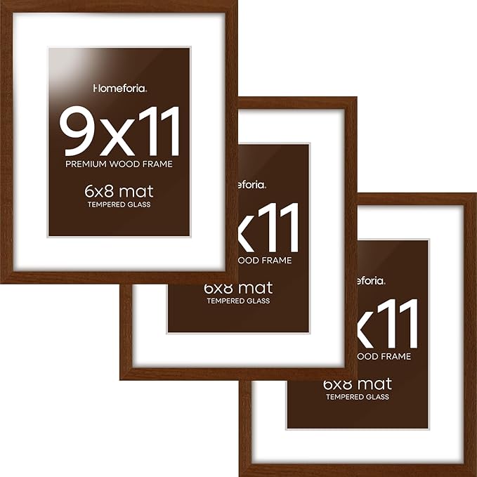 Homeforia 9x11 Picture Frame Brown, High End Dark Oak 9 x 11 Walnut Wooden Frames with Mat 6 by 8 Photo, 11x9 Wood Frame Matted to 6x8 Print, Wall or Tabletop Frame, Tempered Glass, Wall Kit, Set of 3