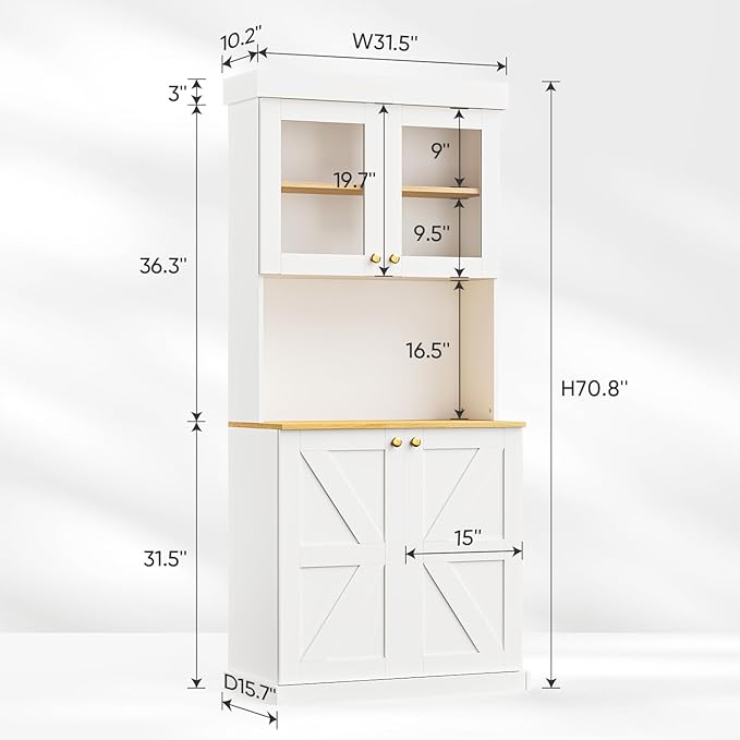 71" Tall Farmhouse Kitchen Pantry, Large Storage Cabinet with Glass Doors, Freestanding Coffee Bar Hutch with Microwave Stand, Adjustable Shelves for Kitchen, Living Room, White