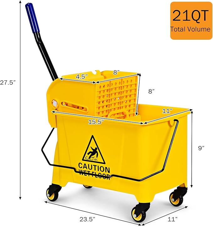 ARLIME Mop and Bucket Set with Wringer On Wheels, 21 Quart Capacity Portable Wringer Trolley on Wheels, Side Press Floor Cleaning Wavebrake w/Handle, Mop Bucket for Home, Commercial, Restaurants