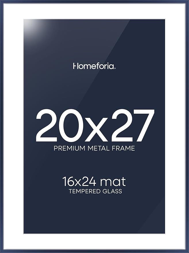 Homeforia 20x27 Picture Frame Navy Blue, High End Metal 20x27 Poster Frames with Mat 16x24 Photo, 20 x 27 Navy Blue Frame Matted to 16 by 24 Print, 27x20 Thin Frame, Tempered Glass, Wall Kit, Set of 1