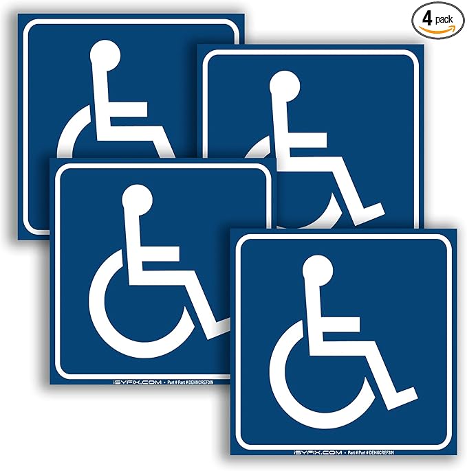 iSYFIX Handicap Signs Stickers Decal Symbol - 4 Pack Reflective Silver 3x3 Inch - Self-Adhesive Vinyl, Decal, Laminated for Ultimate UV, Weather, Scratch, Water and Fade Resistance, Indoor & Outdoor