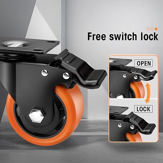 Casters, 3" Caster Wheels, Orange Polyurethane Castors, Top Plate Swivel Wheels, Casters Set of 4, Locking Casters for Furniture and Workbench, Heavy Duty Casters, 4 Pack Casters with Brake