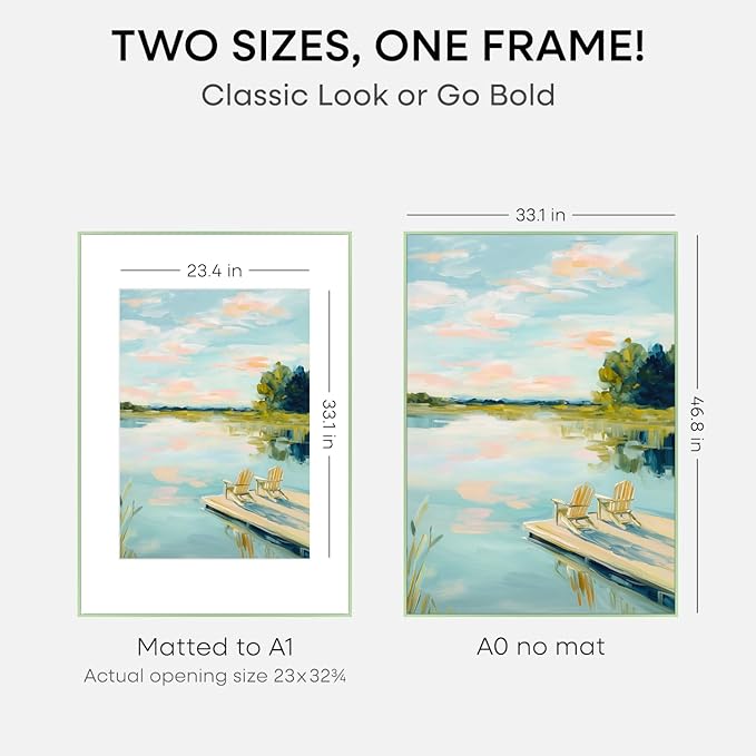 Homeforia A0 Poster Frame Sage Green, High End Metal A0 Large Picture Frames with Mat A1 Photo, 33.1 x 46.8 Frames Matted to 23.4 x 33.1 Print, 33.1x46.8 Thin Frame, Tempered Glass, Wall Kit, Set of 1