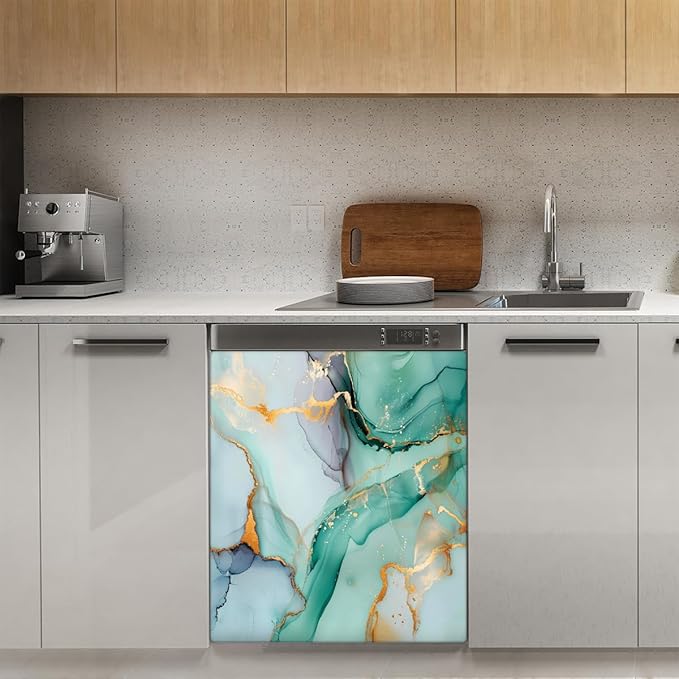 Dishwasher Magnet Cover Mint Green Golden Marble Print Reusable Dishwasher Magnetic Cover Sticker Decorative Dish Washer Door Cover Panel for Home Kitcen Appliance