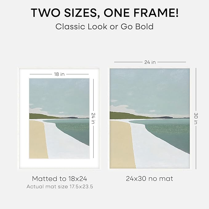 Homeforia 24x30 Poster Frame White, High End Oak 24 x 30 White Wood Picture Frames with Mat 18 x 24 for Photo, 24x30 Wooden Frame Matted to 18x24, 30x24 Large Frame, Tempered Glass, Wall Kit, Set of 2