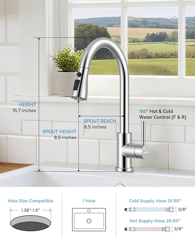 WEWE Kitchen Faucet with Pull Down Sprayer and Soap Dispenser, Stainless Steel Kitchen Sink Faucets, 3-Mode High Arc Single Handle Faucet for RV Farmhouse, Polished Chrome