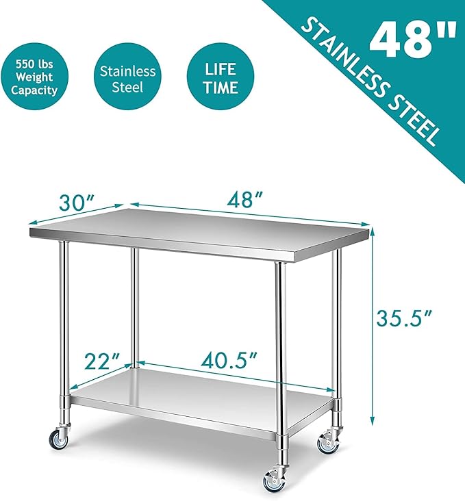 WATERJOY 48" x 30" Stainless Steel Table with Wheels and Adjustable Shelf for Prep & Workstations Commercial Heavy Duty worktables