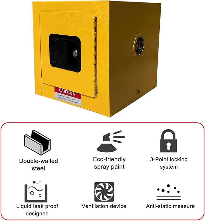 Hazardous Materials Storage Cabinet, Industry 13"Hx13"Wx13"D Safety Cabinet suit for 2 Gallon F﻿lammable Liquid Storage Cabinet, Manual-Close Space Saver Fireproof Cabinet