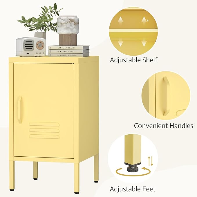 Locker Nightstand,Metal Nightstand with Door, Modern End Side Table with Shelf,Steel Bedside Storage Cabinet for Living Room,Bedroom,Office,Yellow