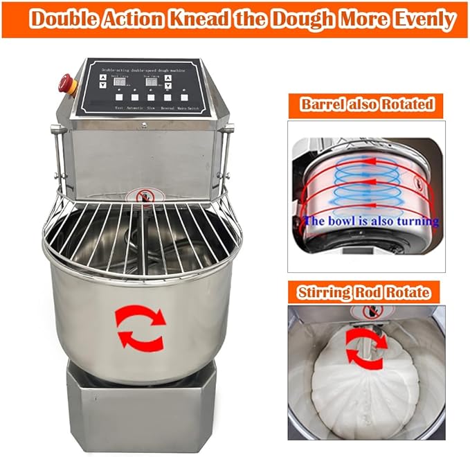 Stand Dough Mixer Double Action Double Speed Dough Kneading Machine, Frequency Conversion Stand Food Mixer with 3 Modes for Kitchen Restaurant Bakeries Pizzeria(30L)